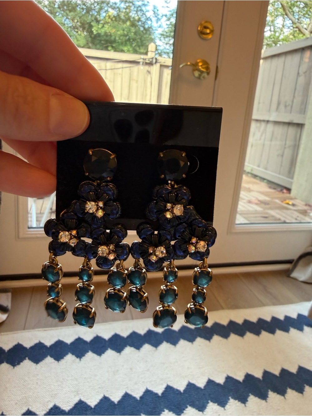 J. Crew Navy Floral Chandelier Earrings with Teal Drops